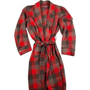 Vintage Pendleton Wool Robe Red Gray Plaid Belted Wool Lodge Bathrobe USA Large